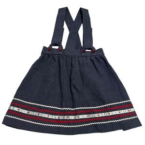 Vintage Girls Denim Suspender Skirt Strawberry Trim Heart Buttons